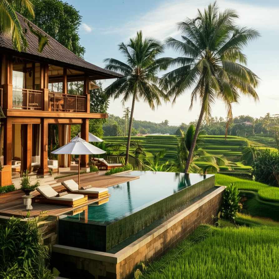 A stunning Balinese villa showcasing traditional and contemporary architecture, featuring an infinity pool, lush tropical gardens, and intricate local craftsmanship, set against a backdrop of natural beauty, perfect for inspiring residential construction projects.