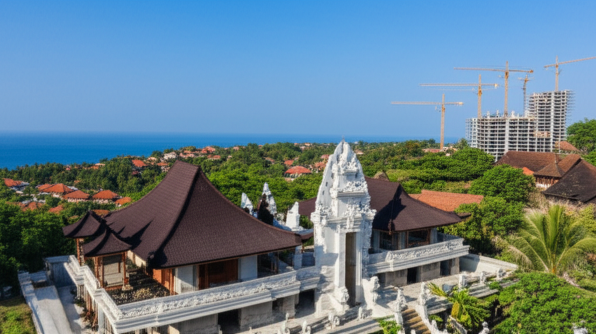 A panoramic view of Bali's construction projects, featuring traditional temples amidst modern villas and resorts, symbolizing the island's economic growth and unique architectural blend.