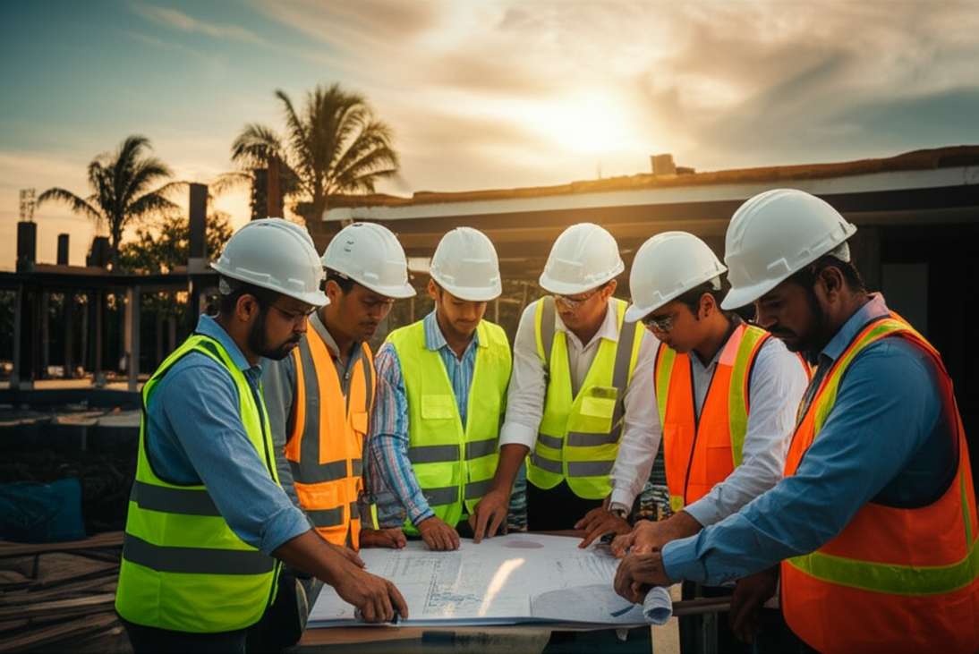 An expert general contractor leading a diverse construction team meeting at a building site in Bali during sunset, reviewing blueprints for a project that blends modern and traditional Balinese architecture. The image emphasizes professional project management in a unique tropical setting.
