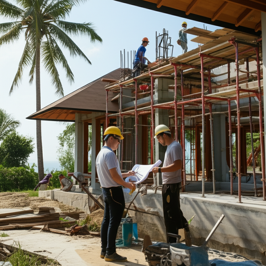 A picturesque view of a construction site in Bali, showcasing a local general contractor collaborating with skilled Balinese workers on a contemporary villa that incorporates traditional architectural styles. The setting includes tropical foliage and a distant ocean, emphasizing the blend of professional construction and the unique island environment, highlighting the benefits of local expertise.