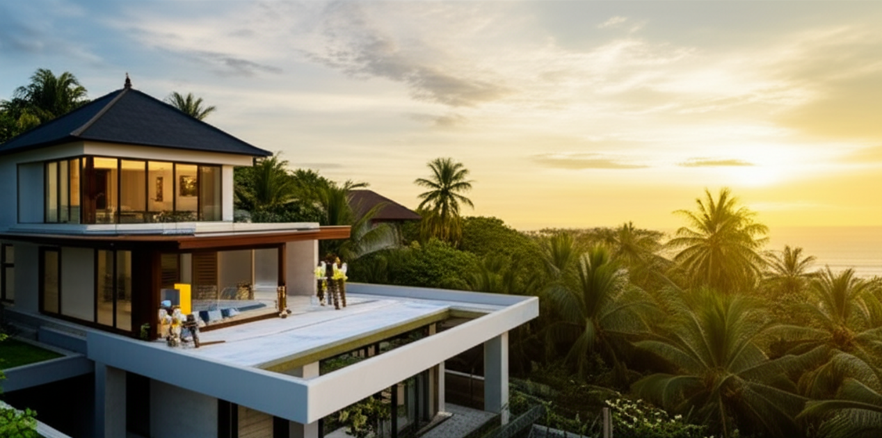 A team of professional building contractors reviewing blueprints at a modern luxury villa construction site in Bali, surrounded by lush tropical landscape and a view of the ocean, highlighting the blend of vision and reality in Balinese architecture.