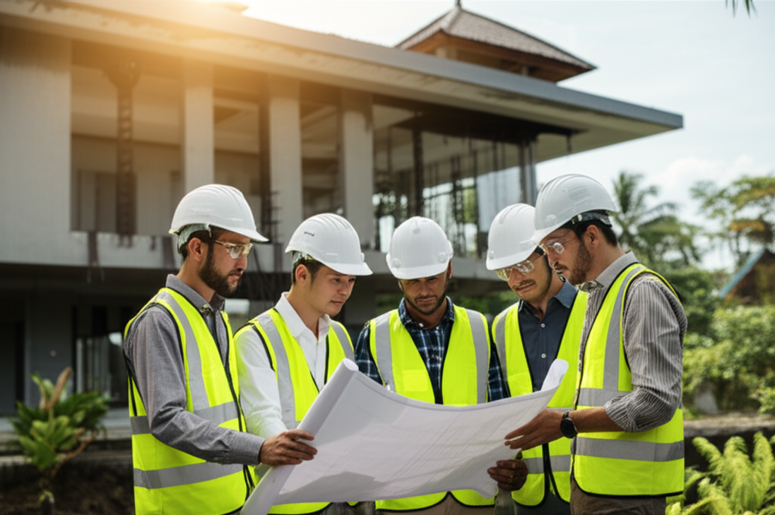 A team of commercial building contractors overseeing a modern construction site in Bali, blending contemporary design with local architectural styles amidst a tropical backdrop, symbolizing successful development and partnership.