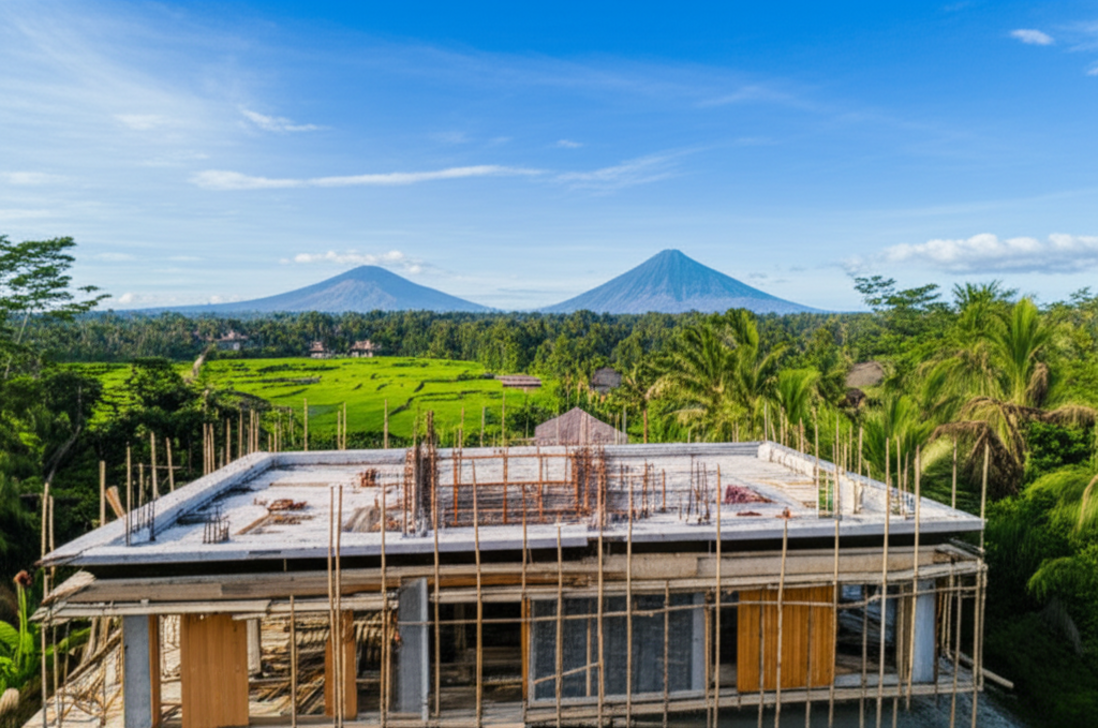 A newly constructed luxury villa in Bali, blending modern design with traditional Balinese architectural elements, set against a backdrop of vibrant green rice terraces, palm trees, and distant volcanic peaks, illustrating the serene yet active construction environment.
