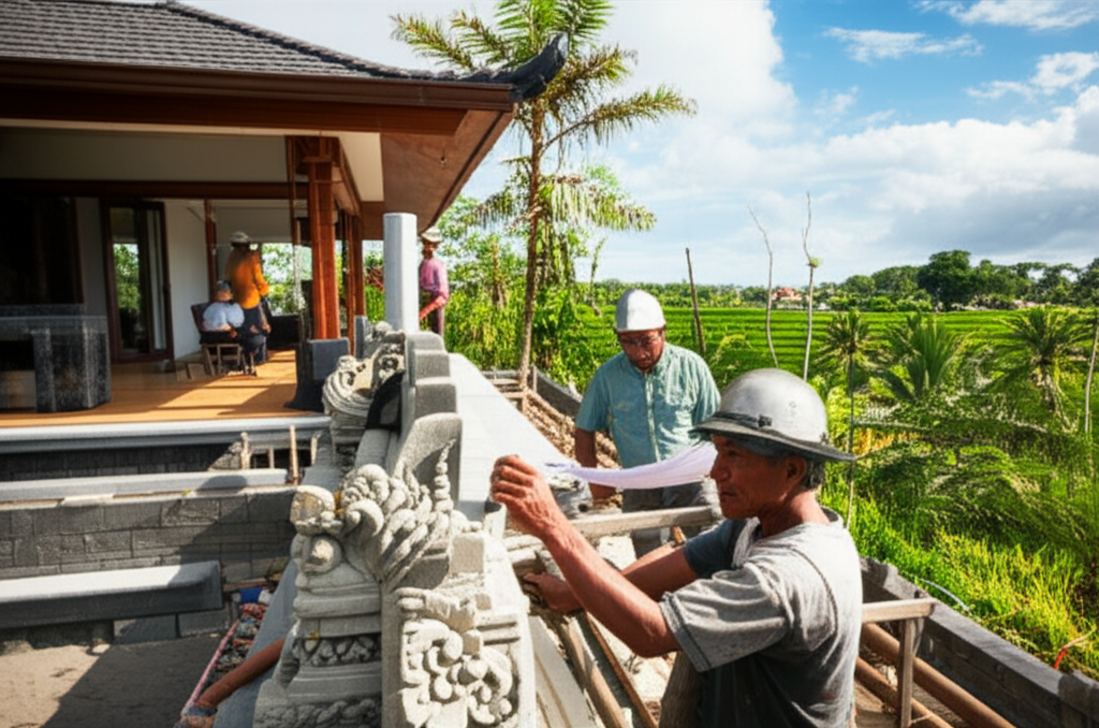 A team of local Balinese contractors and artisans working on a modern villa construction site in Bali, demonstrating skilled craftsmanship and local material use amidst a beautiful tropical landscape.