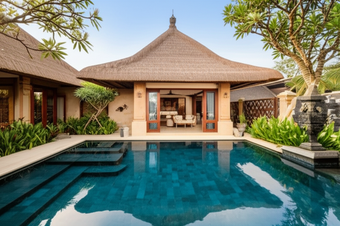Exterior view of a modern Balinese villa showcasing traditional thatched roofs, intricate stone carvings, and natural wood. The villa is surrounded by lush tropical gardens and features an infinity pool, representing the harmonious blend of traditional Balinese architecture with contemporary luxury and design.