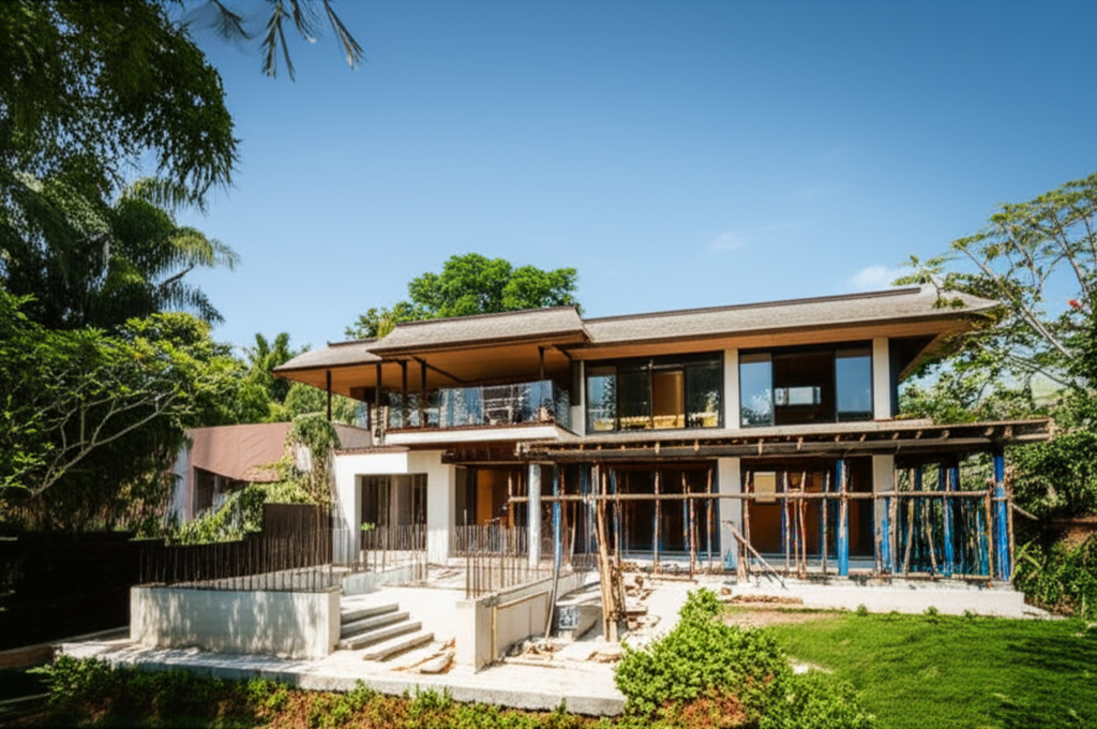 A luxurious Bali villa under construction, showcasing a blend of modern design and traditional Balinese architecture amidst a vibrant tropical landscape, ideal for a dream home in paradise.