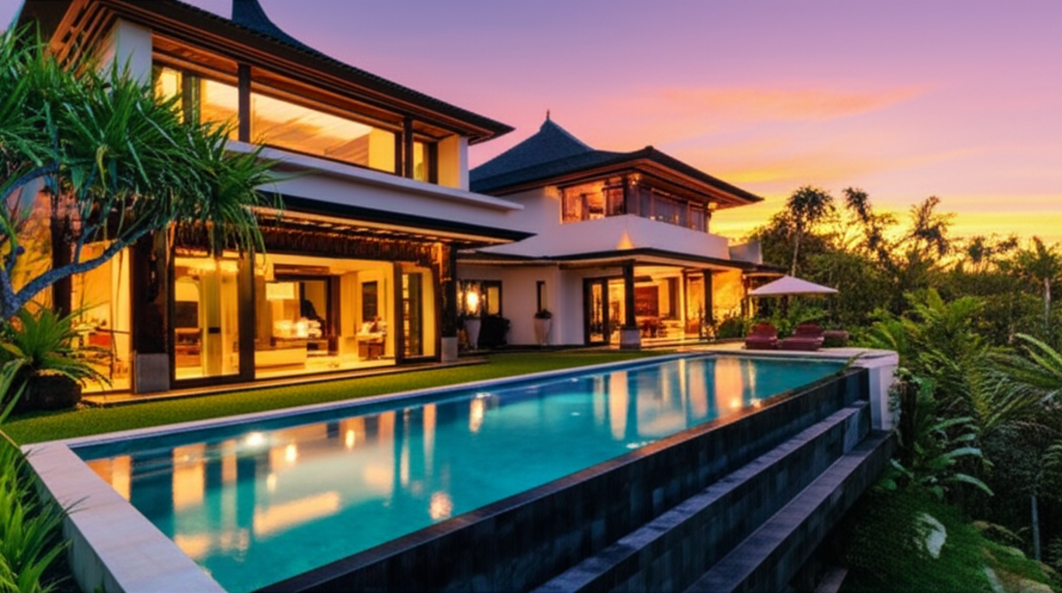 A beautiful luxury Bali villa with an infinity pool at sunset, surrounded by tropical greenery, showcasing modern architecture blended with traditional Balinese design elements and warm lighting, perfect for illustrating Bali villa construction.