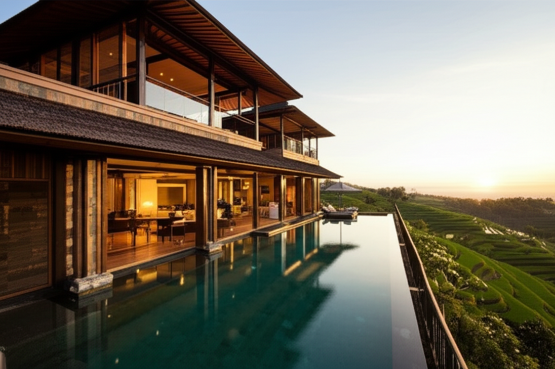 A luxurious modern Balinese villa with an infinity pool overlooking lush rice paddies at sunset, designed with natural materials and open spaces, symbolizing the successful realization of a dream home in Bali.