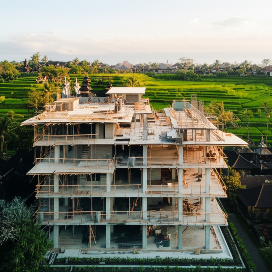A modern construction project in Bali, featuring a unique architectural design, blending seamlessly with the island's natural landscape and traditional elements during golden hour, symbolizing sustainable development.