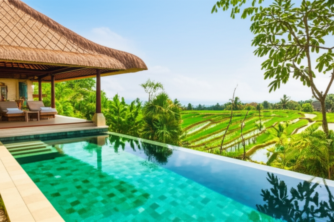 A stunning, modern Balinese villa with a large infinity pool overlooking lush green rice paddies and a distant ocean, bathed in golden sunlight. The architecture features natural materials and traditional elements, embodying a serene tropical escape.