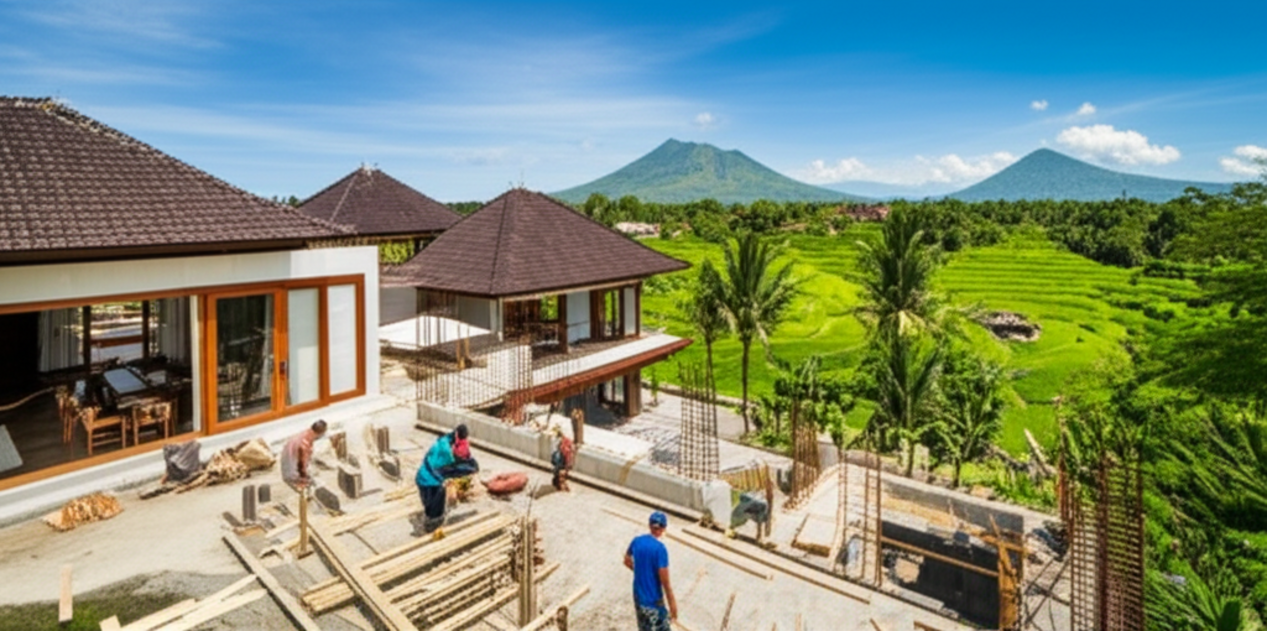 A photograph depicting a construction site in Bali, showing a modern villa being built with local materials, surrounded by vibrant green rice paddies and tropical foliage. Workers are present, and the scene reflects a blend of development with respect for Bali's natural environment and traditional architectural styles, suitable for an article on Bali building regulations.