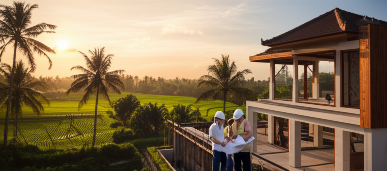 Tropical construction site in Bali, showing a modern villa under construction with traditional Balinese architectural elements, surrounded by lush greenery, symbolizing the blend of development and nature, overseen by general contractor experts.