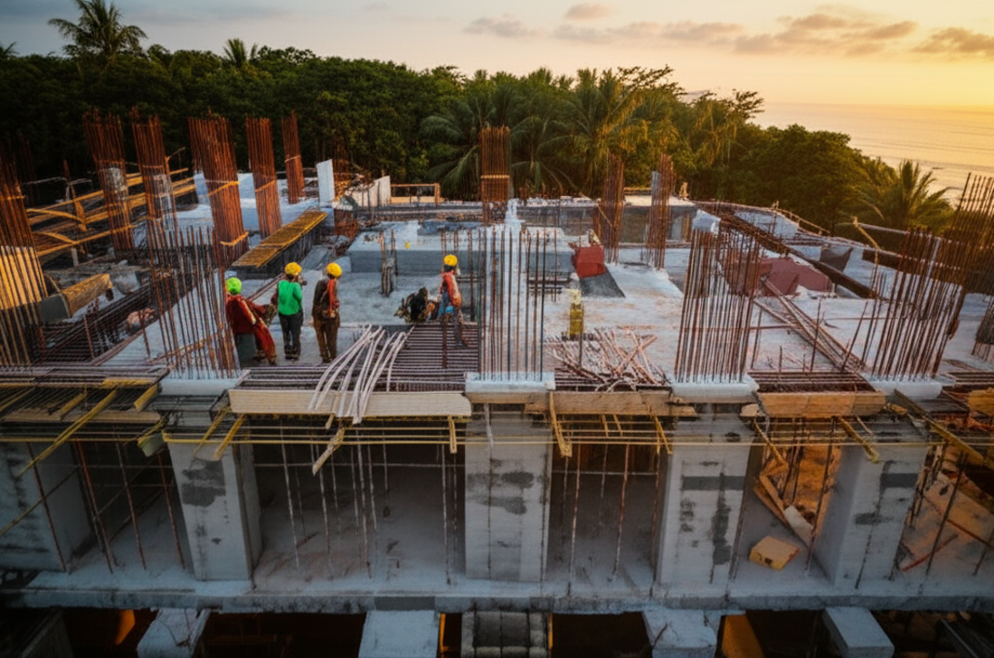 High-angle view of a commercial construction site in Bali at sunset, showing a partially built luxury resort with traditional Balinese architecture, active construction workers, lush tropical landscape, and the ocean in the background. Represents commercial general contractor expertise in Bali.