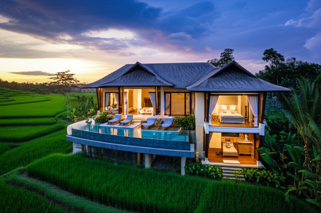 A modern, luxurious new build villa in Bali featuring an infinity pool overlooking a scenic view. The architecture blends contemporary design with traditional Balinese elements and is surrounded by lush tropical greenery under a warm sunset sky.