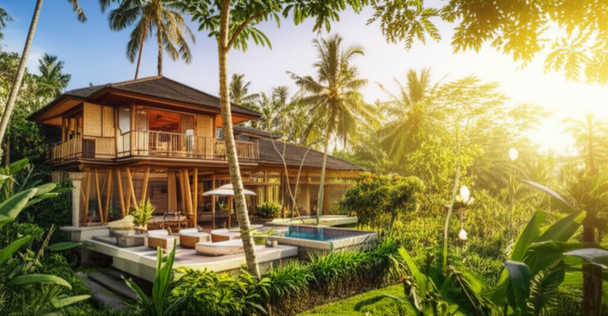 A beautiful, modern Balinese villa showcasing creative construction design, featuring natural materials like bamboo and stone, with an infinity pool overlooking lush tropical gardens. This image captures the harmonious blend of contemporary architecture and traditional Balinese aesthetics, emphasizing sustainable building practices on the island.