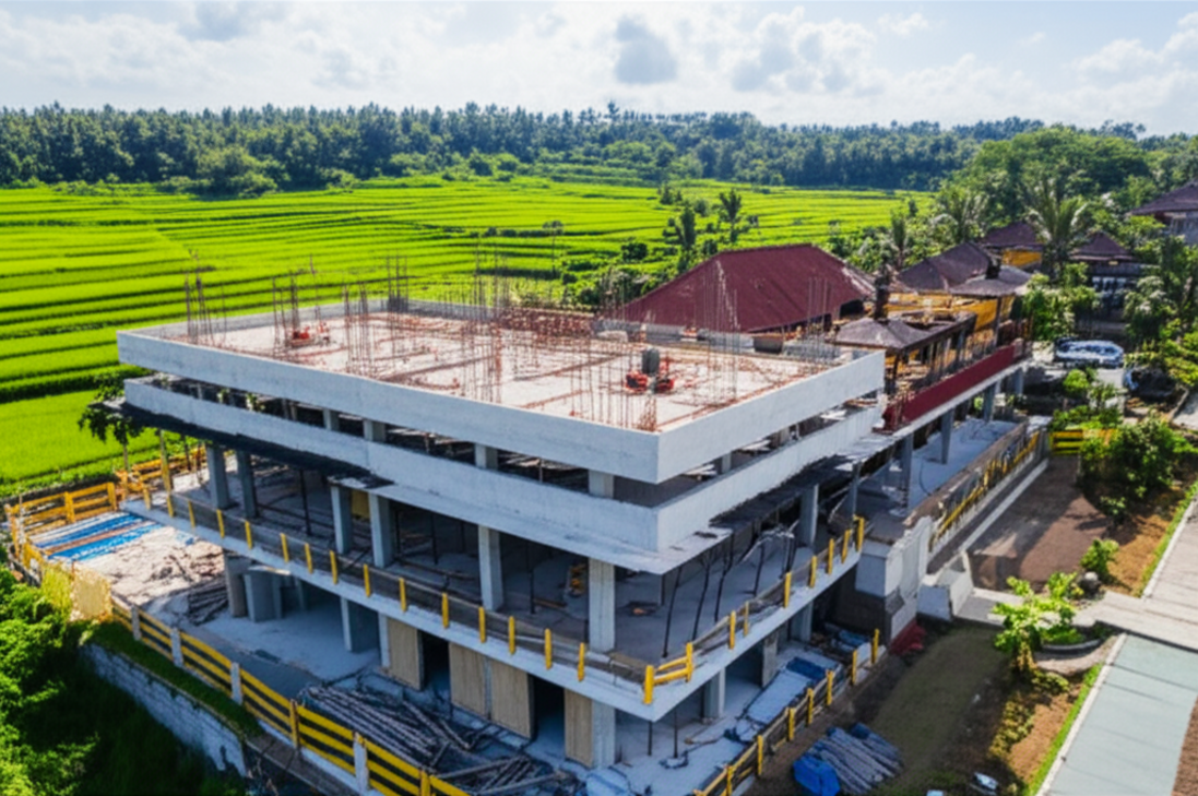 A striking aerial view of a contemporary commercial building being constructed in Bali, contrasting with traditional Balinese architecture and vibrant green landscapes, symbolizing the island's economic growth and sustainable development.