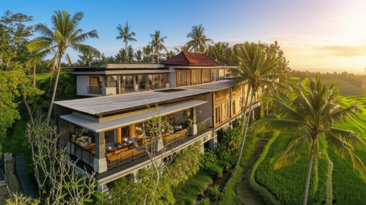 A photograph of a modern commercial building in Bali, designed with sustainable architecture principles and incorporating traditional Balinese elements, set amidst lush green tropical landscapes with palm trees. The building harmonizes with its natural surroundings, symbolizing sustainable development and growth in Bali's future.