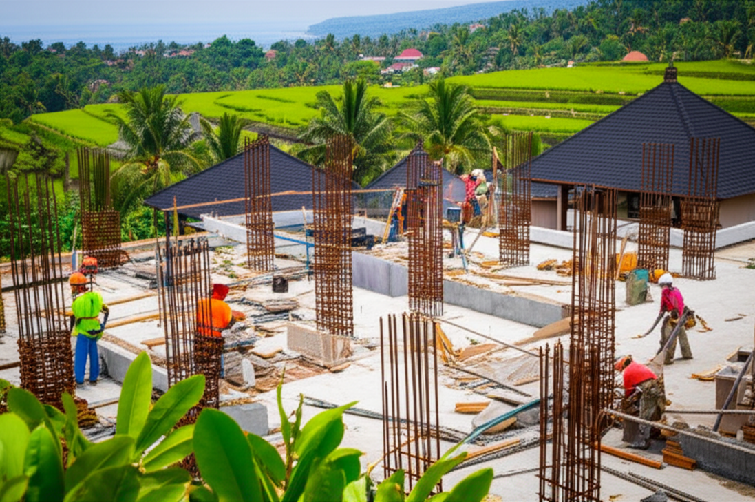 Modern construction project in Bali, showcasing a building frame amidst tropical greenery, with workers and traditional Balinese details, emphasizing a well-managed project timeline.