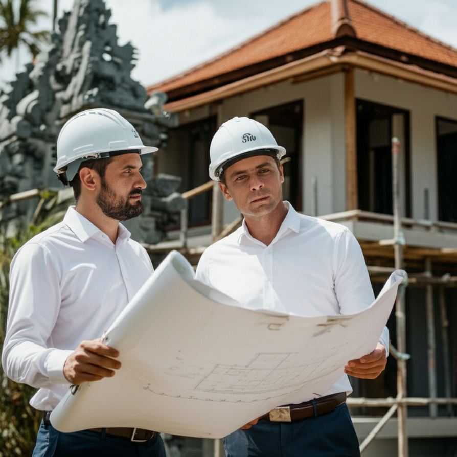 A project manager or contractor reviewing plans on a modern construction site in Bali, with a partially built luxurious villa featuring traditional Balinese details, under a bright tropical sky. The image emphasizes professionalism and the unique setting of Bali projects.