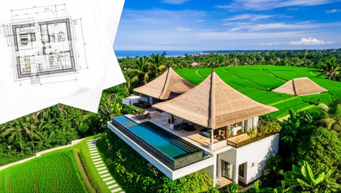 Aerial view of a contemporary Balinese luxury villa with a traditional thatched roof, nestled amidst vibrant rice fields and tropical trees, embodying successful residential construction project management in Bali.