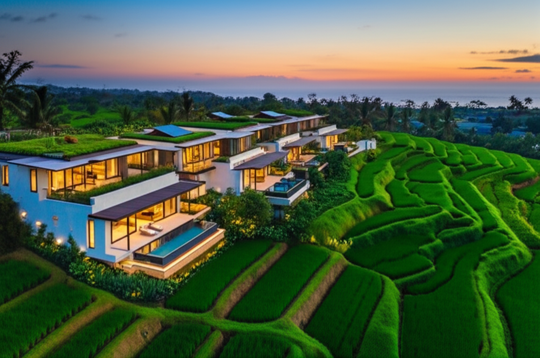 High-angle view of innovative, modern luxury villas with eco-friendly features integrated into lush green rice terraces in Bali, with the ocean in the distance at sunset, symbolizing new build developments and sustainable living in a tropical paradise.