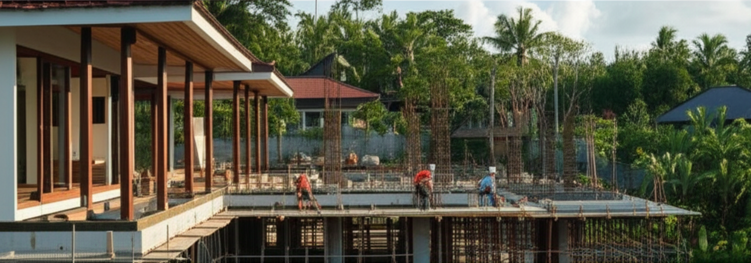 A photograph showing a modern construction site in Bali, with a partially built sustainable villa nestled amidst tropical foliage. Workers are active, and in the distance, traditional Balinese structures and vibrant green rice paddies are visible under a clear sky. The image emphasizes the blend of modern development with environmental and cultural harmony, depicting efficient construction management in action.