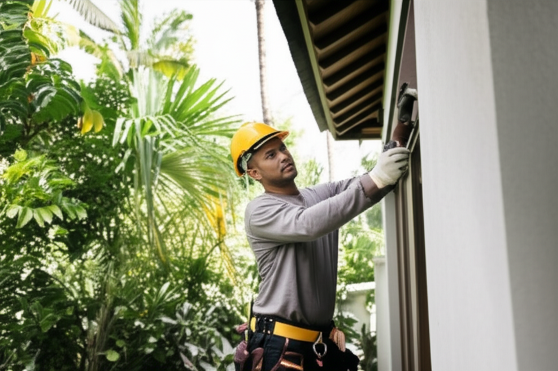An expert Balinese home repair contractor carefully inspecting a villa in Bali, representing reliable and high-quality home maintenance services on the island.