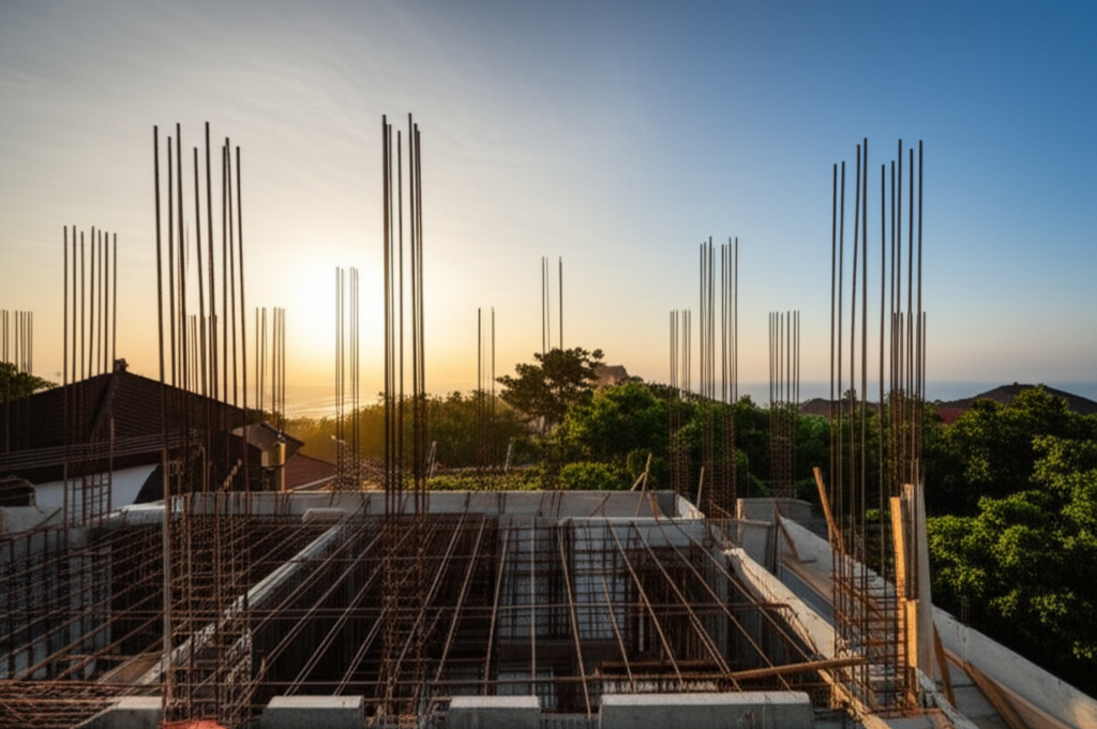 A photograph showing a concrete foundation under construction on the island of Bali, Indonesia, with tropical foliage and a glimpse of traditional Balinese architecture in the background. The image highlights the intersection of modern building practices with a unique tropical environment, emphasizing strong structural bases.
