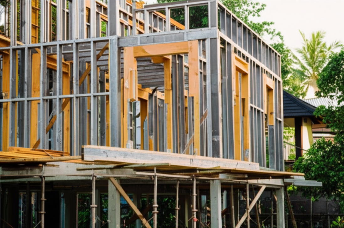 Structural wood framing of a modern house under construction in Bali, with lush tropical greenery in the background and a clear blue sky, emphasizing robust and precise building.