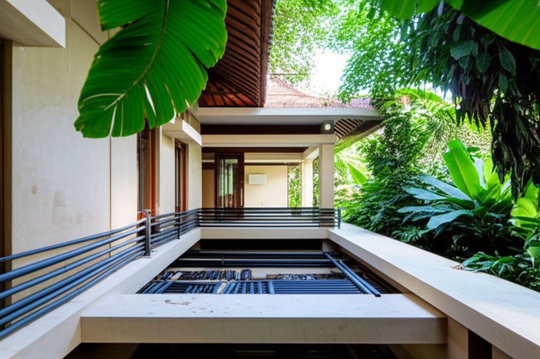Close-up of modern MEP systems (pipes, wires, HVAC units) thoughtfully integrated into a sustainable building in Bali, featuring a blend of contemporary design and traditional Balinese architectural elements, surrounded by lush greenery under natural light, symbolizing advanced engineering and environmental harmony.