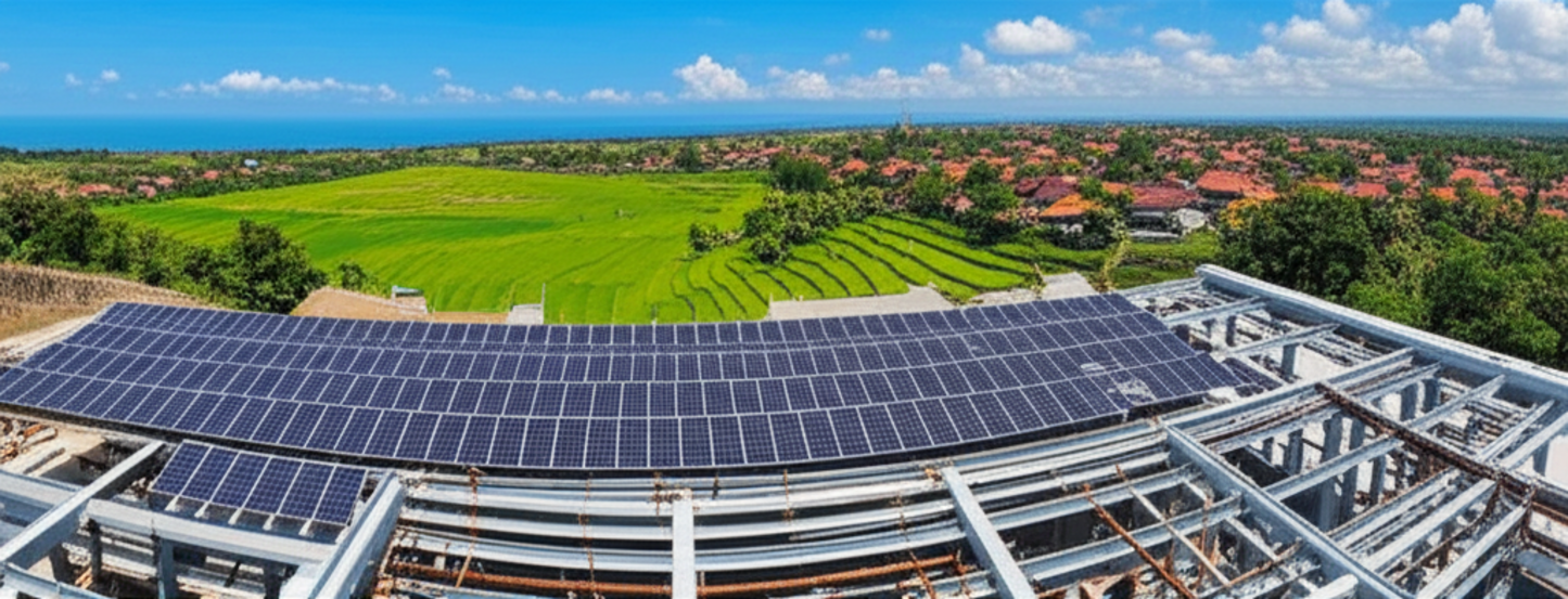 A modern industrial facility under construction in Bali, showcasing steel structures and solar panels, with traditional Balinese landscapes and ocean in the background, symbolizing sustainable development.