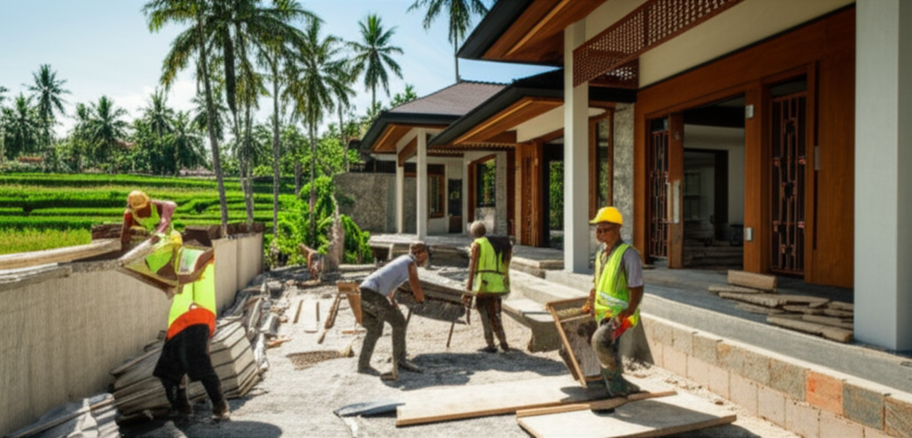 A photograph depicting a modern villa construction site in Bali, showing local workers, lush tropical surroundings, and architectural elements. The image signifies smart budgeting and efficient project management for building in Bali.