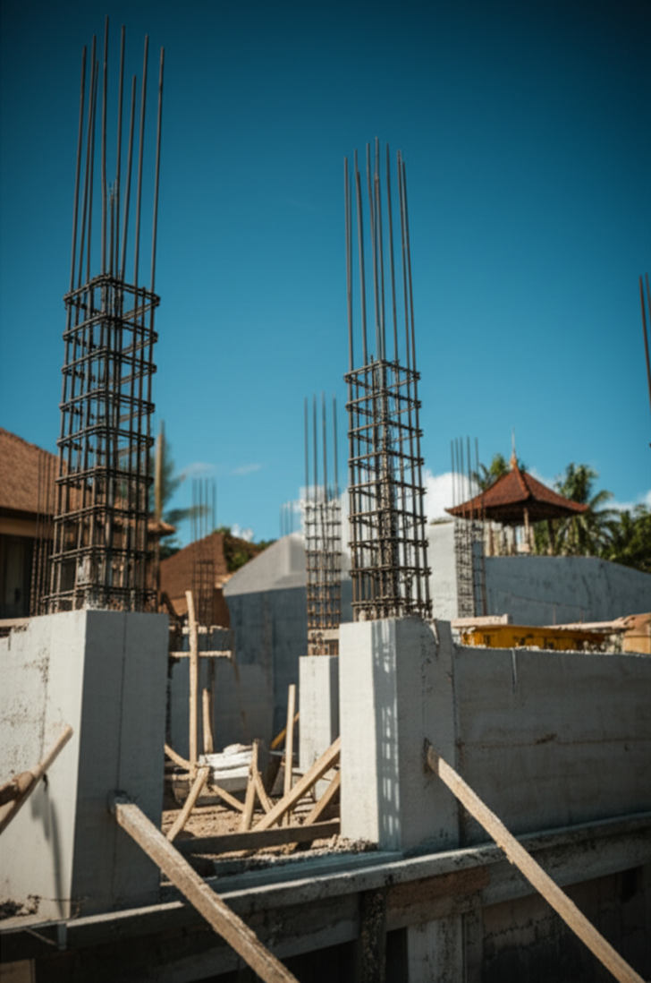 A sturdy reinforced concrete foundation under construction in a tropical environment, with elements of Balinese architecture and lush greenery in the background, symbolizing the importance of a solid structure foundation in Bali amidst its unique challenges.