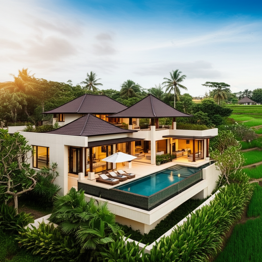A luxurious modern villa in Bali with a blend of contemporary and traditional Balinese architecture, surrounded by lush green tropical gardens, under a clear sky. The image represents high-quality contractor services in Bali.
