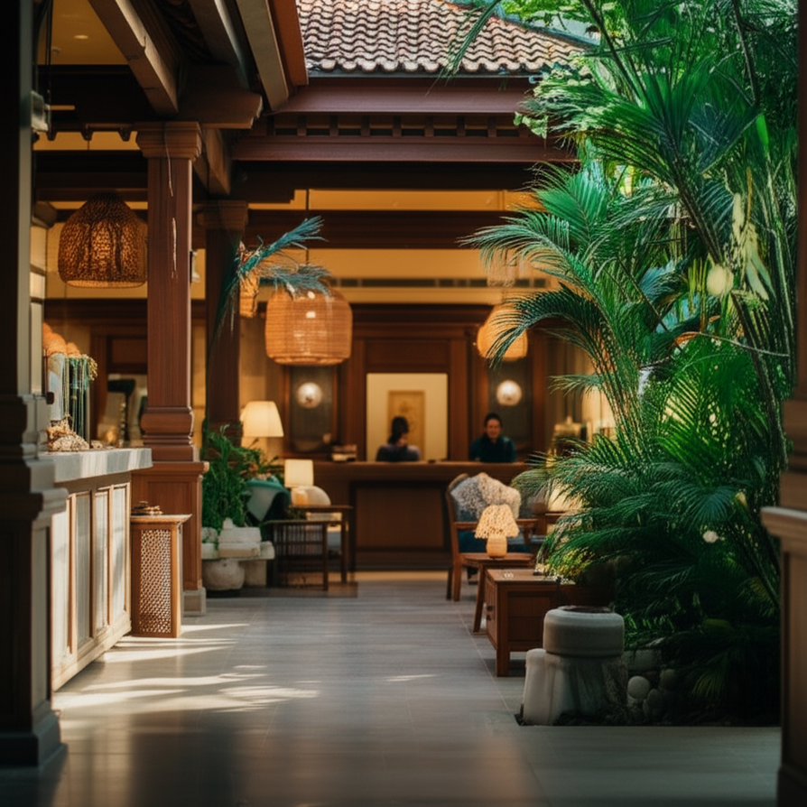 A luxurious, modern commercial renovation in Bali, featuring a hotel lobby with traditional Balinese touches, tropical plants, and elegant design, symbolizing business upgrades and tourism appeal.