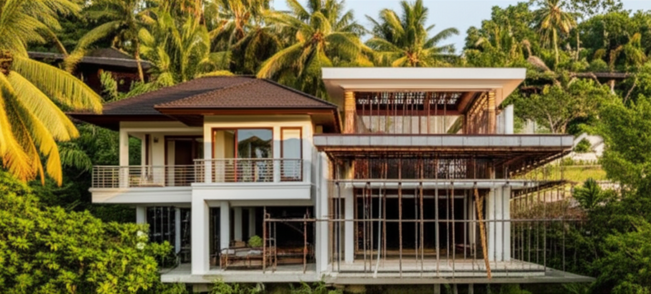 A luxurious modern villa under construction in Bali, showcasing precise architectural details and blending seamlessly with the surrounding tropical landscape. Captures the essence of building projects in a serene, exotic setting, ideal for those seeking a contractor in Bali.