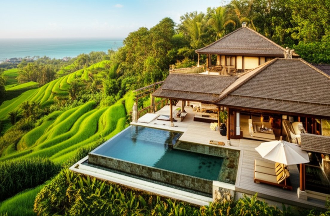 A stunning, high-end Balinese villa at sunset, featuring an infinity pool that merges with the horizon of lush green rice paddies and tropical foliage. The architecture blends traditional Balinese design with modern luxury, showcasing natural materials and intricate details, ideal for high-end residential construction in Bali.