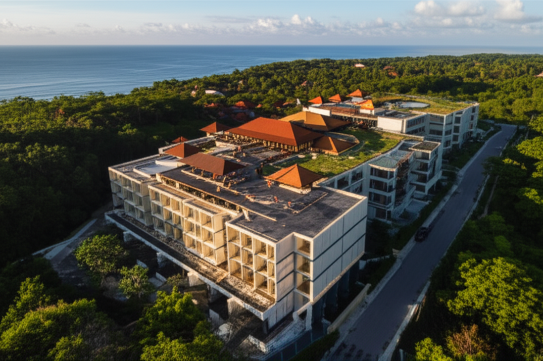 A high-angle view of a modern commercial resort complex being built in Bali, featuring a blend of contemporary design and traditional Balinese architecture, set amidst verdant tropical foliage with the ocean visible in the distance. The scene captures the essence of rapid development in Bali's commercial construction sector.