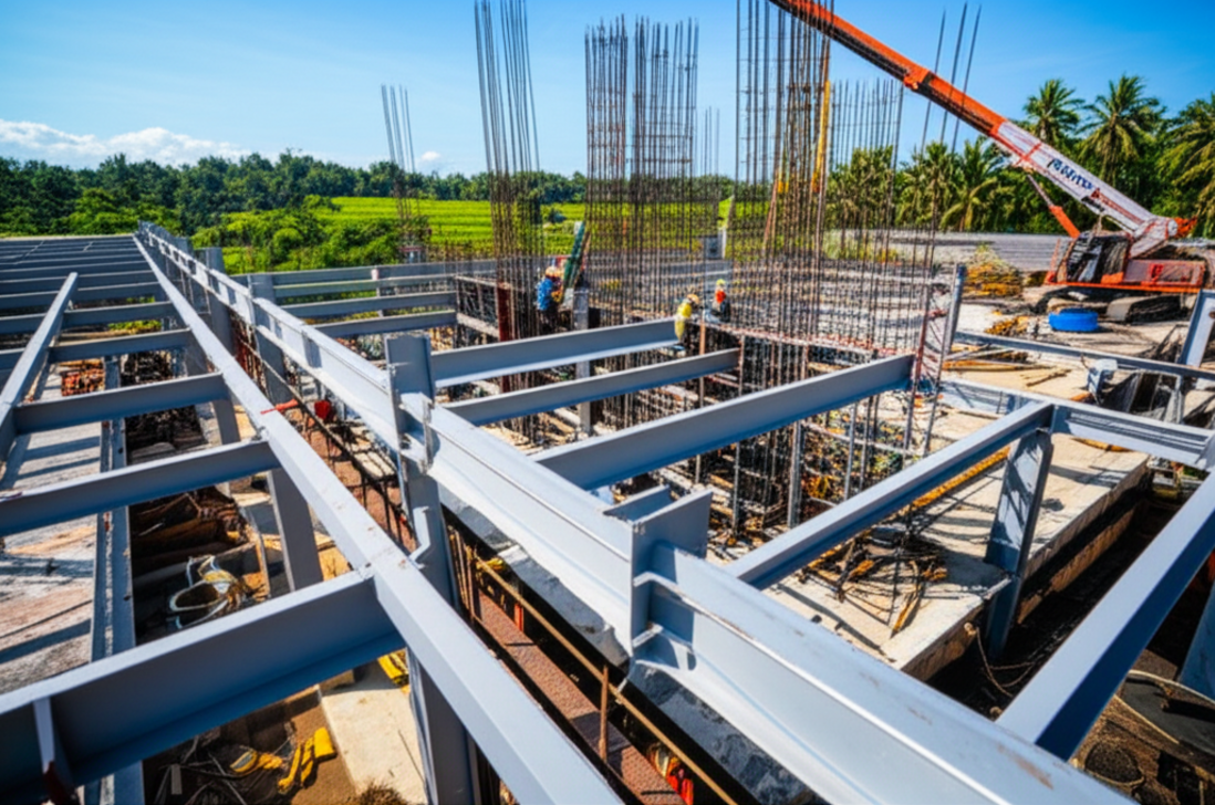 Modern industrial facility under construction in Bali, showcasing steel frameworks and machinery against a backdrop of green Balinese landscape, representing industrial growth and specialized contracting solutions on the island.