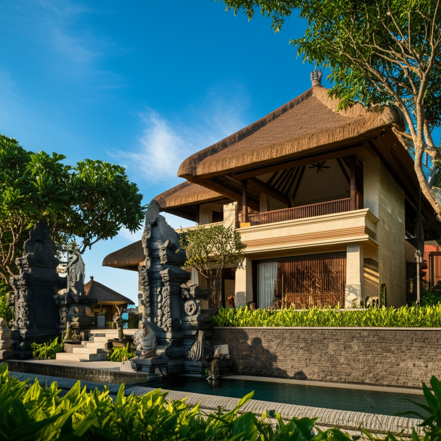 A modern commercial building in Bali featuring traditional Balinese architectural details, lush tropical landscaping, and natural materials under a clear blue sky, representing successful design integration and cultural harmony.