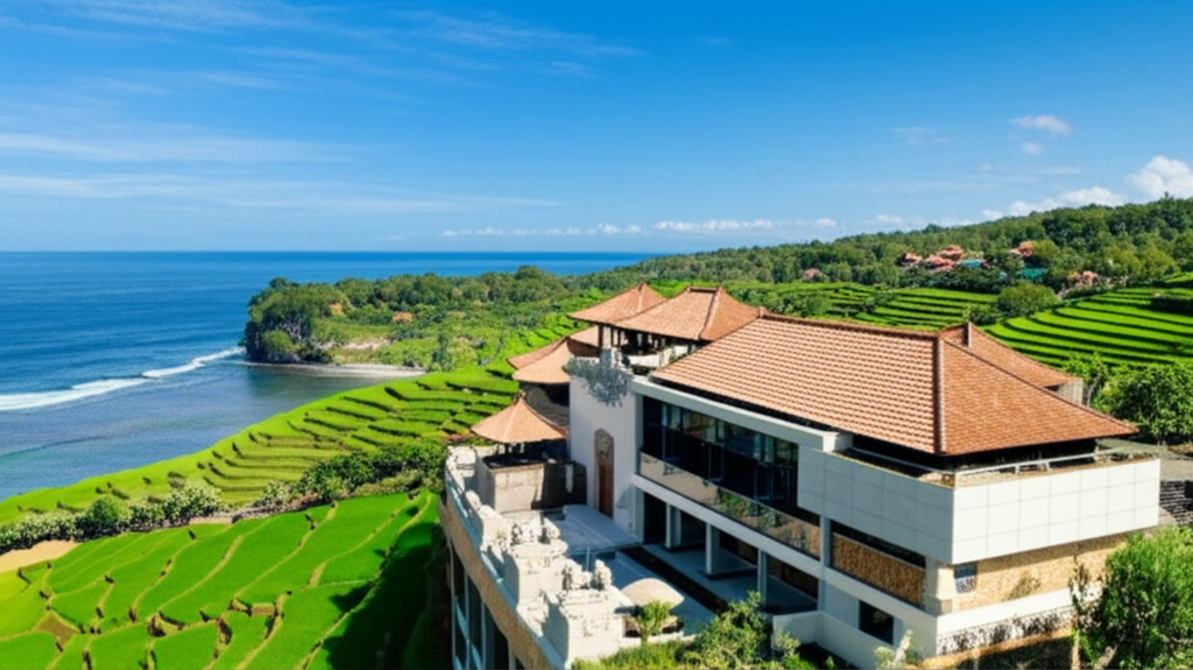 A modern commercial building in Bali, possibly a luxury resort or office space, set against a backdrop of lush green rice paddies and a serene tropical coastline. The architecture subtly incorporates traditional Balinese design elements, symbolizing the blend of investment and local culture. Clear blue skies indicate good weather and opportunity.