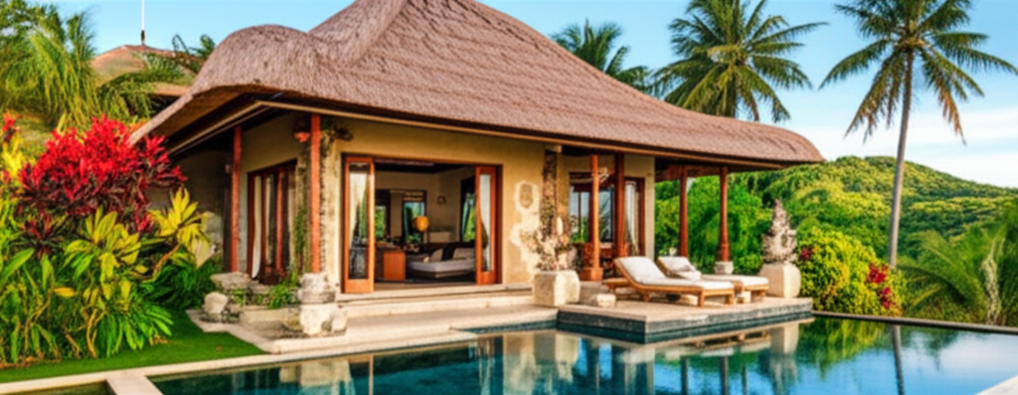 Luxurious Balinese villa with a thatched roof, intricate stone carvings, and an infinity pool, surrounded by lush tropical gardens, representing expert design and construction in Bali.