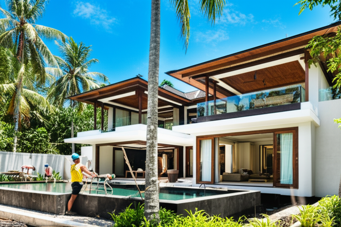A stunning image of a modern luxury villa under construction in Bali, showcasing the blend of contemporary design with tropical aesthetics. The building features large windows and natural materials, set against a backdrop of vibrant green foliage and clear blue skies, representing high-quality general construction services Bali.