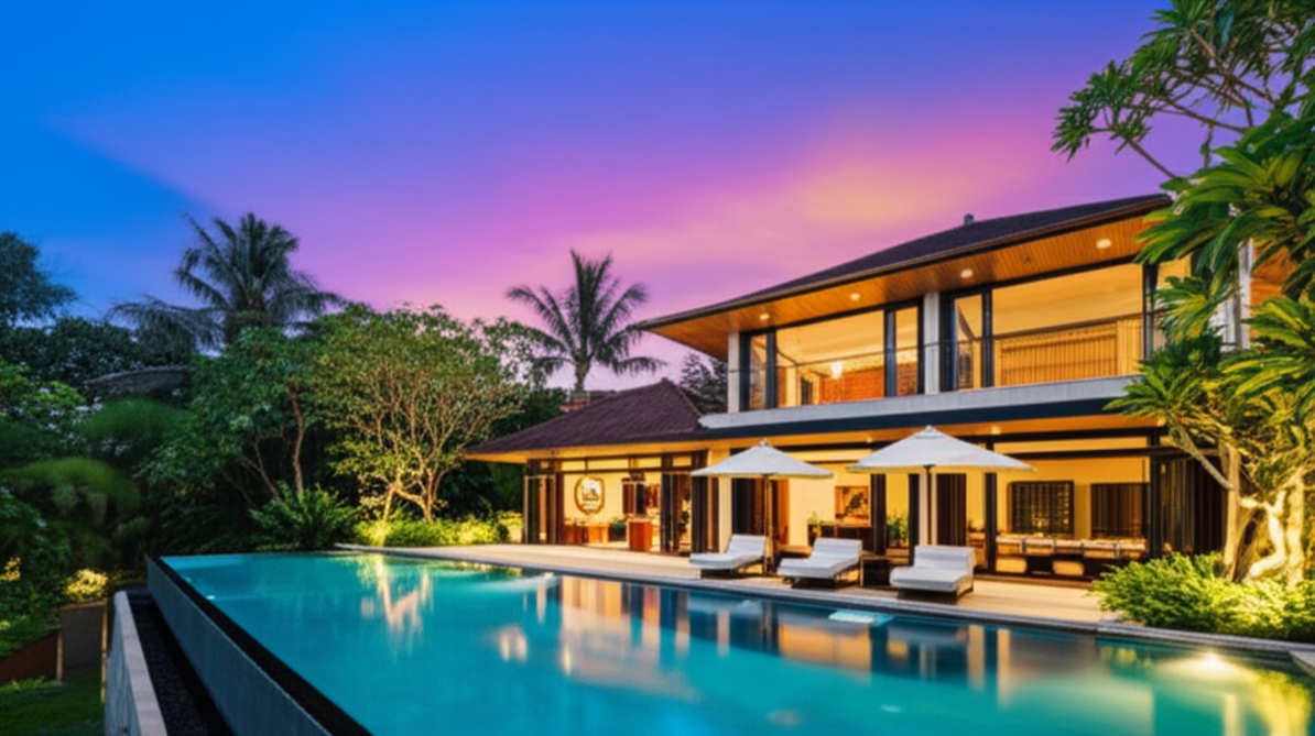 A breathtaking image of a high-end luxury villa in Bali at sunset, featuring an expansive infinity pool, elegant architecture, lush tropical landscaping, and panoramic views, symbolizing bespoke residential construction in paradise.