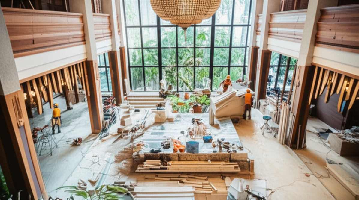 Interior view of a modern commercial renovation project in Bali, featuring skilled construction workers, contemporary design, and traditional Balinese architectural accents. The scene highlights the transformation of a commercial space, blending functionality with local aesthetics, and showcasing a clean, organized construction environment.