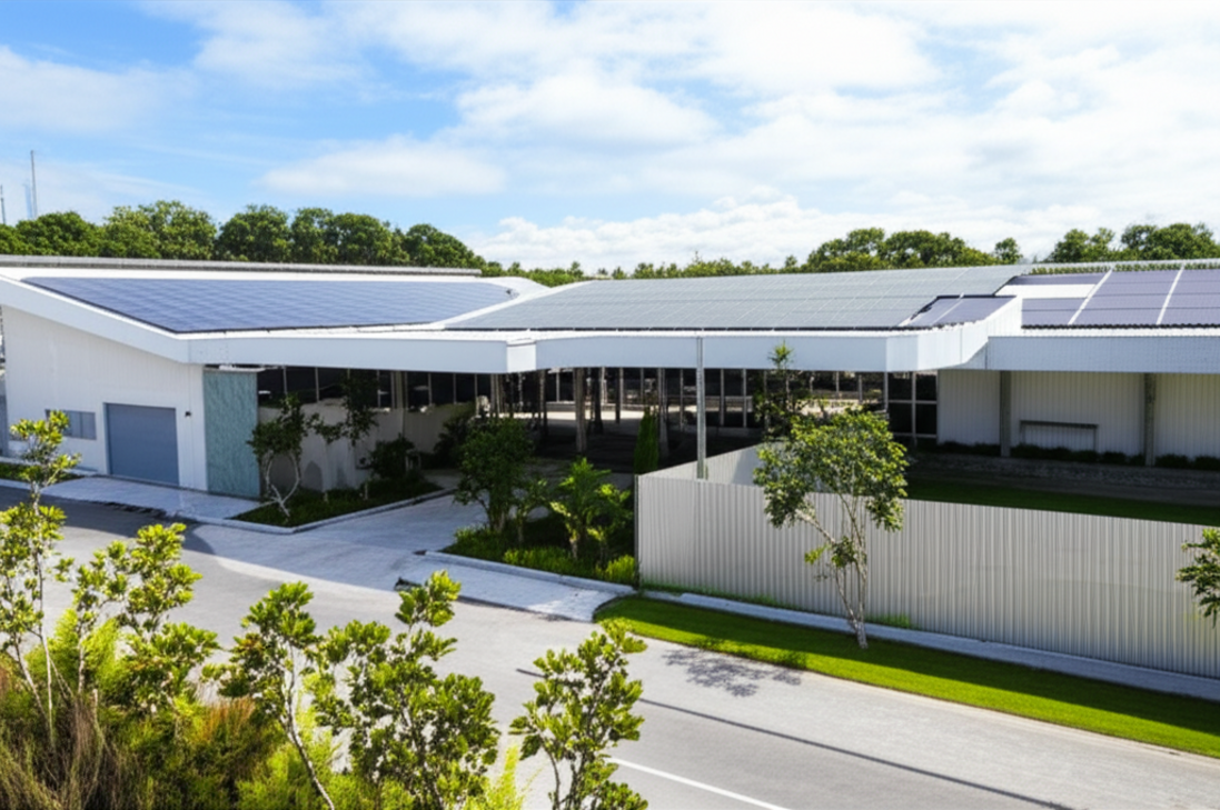 A modern industrial facility in Bali with a clean design, solar panels on the roof, and tropical plants around the building, symbolizing efficient industrial renovation and sustainability in Indonesia.