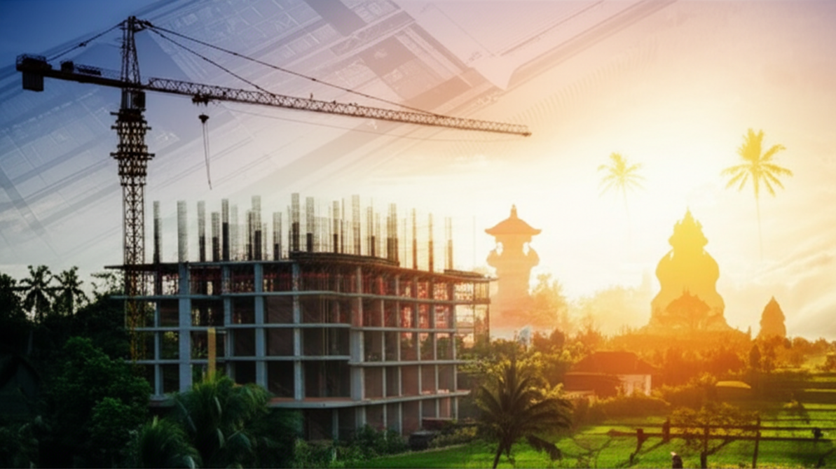 A photograph depicting a modern construction site in Bali at sunset, featuring a tall crane and emerging building structures, with traditional Balinese temple roofs and lush palm trees in the foreground, symbolizing the harmonious blend of development and local culture.