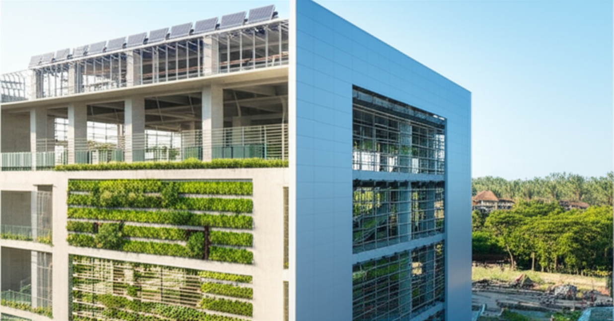 A photograph depicting a state-of-the-art industrial complex in Bali, featuring sustainable design with solar panels and integrated greenery, symbolizing the island's economic diversification and commitment to eco-friendly development. The scene blends modern infrastructure with Bali's natural landscape, suitable for 'Building the Future: Industrial Construction Projects in Bali' article.