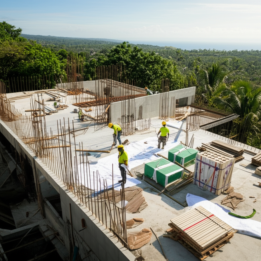 A modern luxury villa being constructed in Bali, showcasing architectural design, quality building materials, and a professional construction team, set against a stunning tropical backdrop. Emphasizes expertise and quality in Bali building projects.