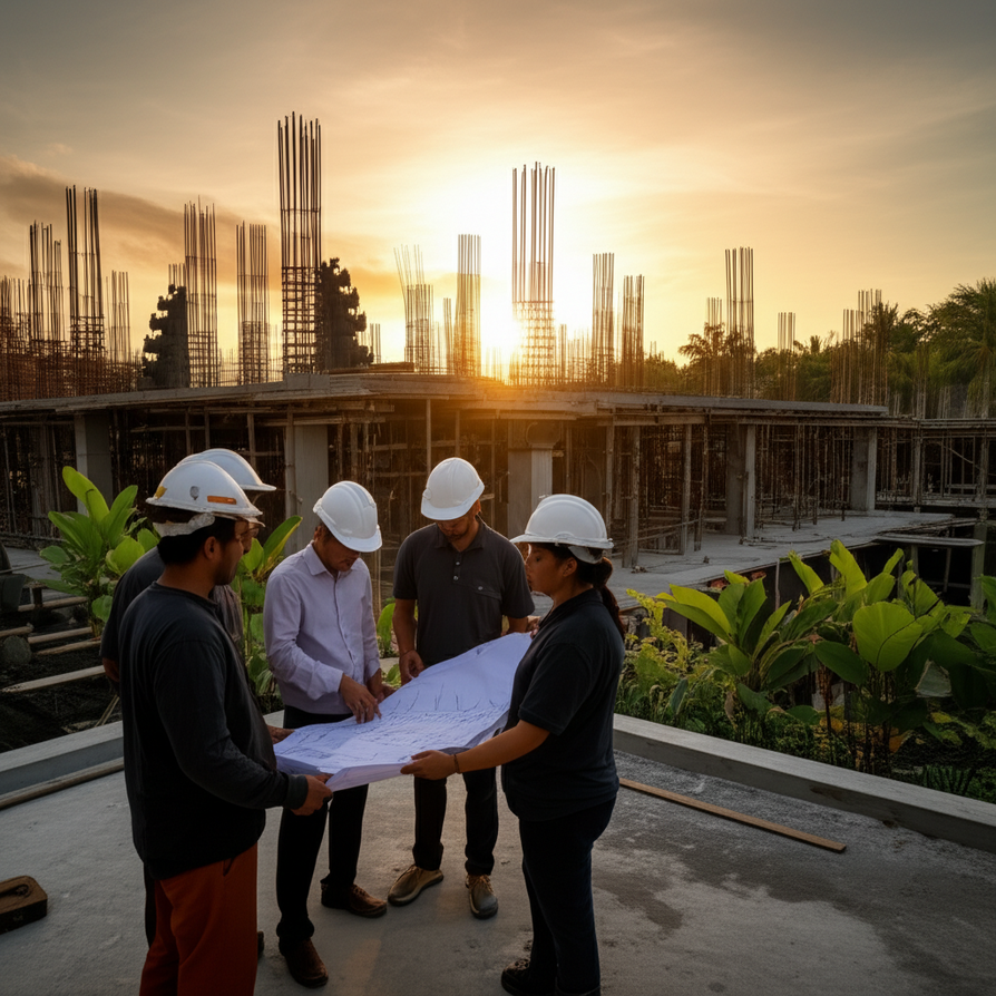 A photograph of a modern construction site in Bali at sunset, showing a diverse team of general contractors and workers reviewing blueprints. The scene includes elements of both traditional Balinese and contemporary architecture, surrounded by tropical greenery, highlighting effective project management and cross-cultural collaboration in an international building environment.